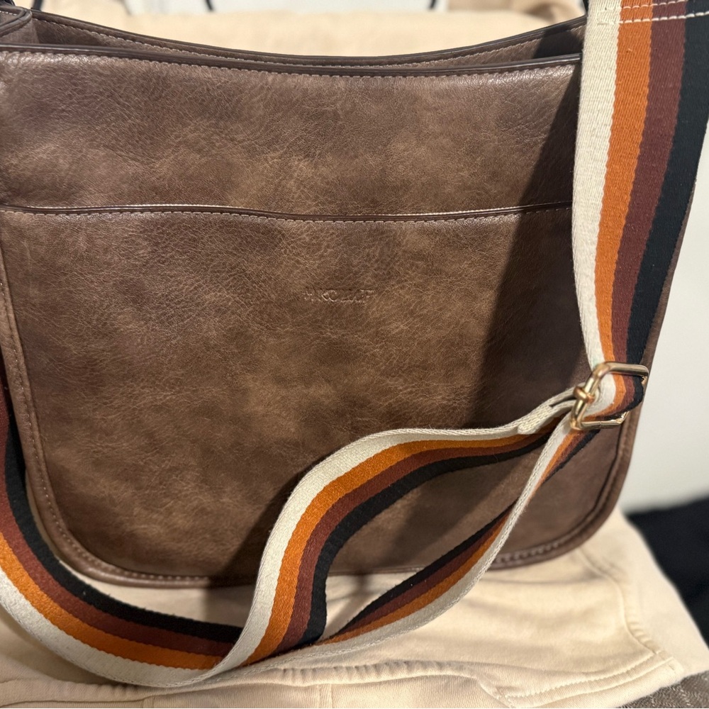 Chic Brown Crossbody Bag with Striped Strap